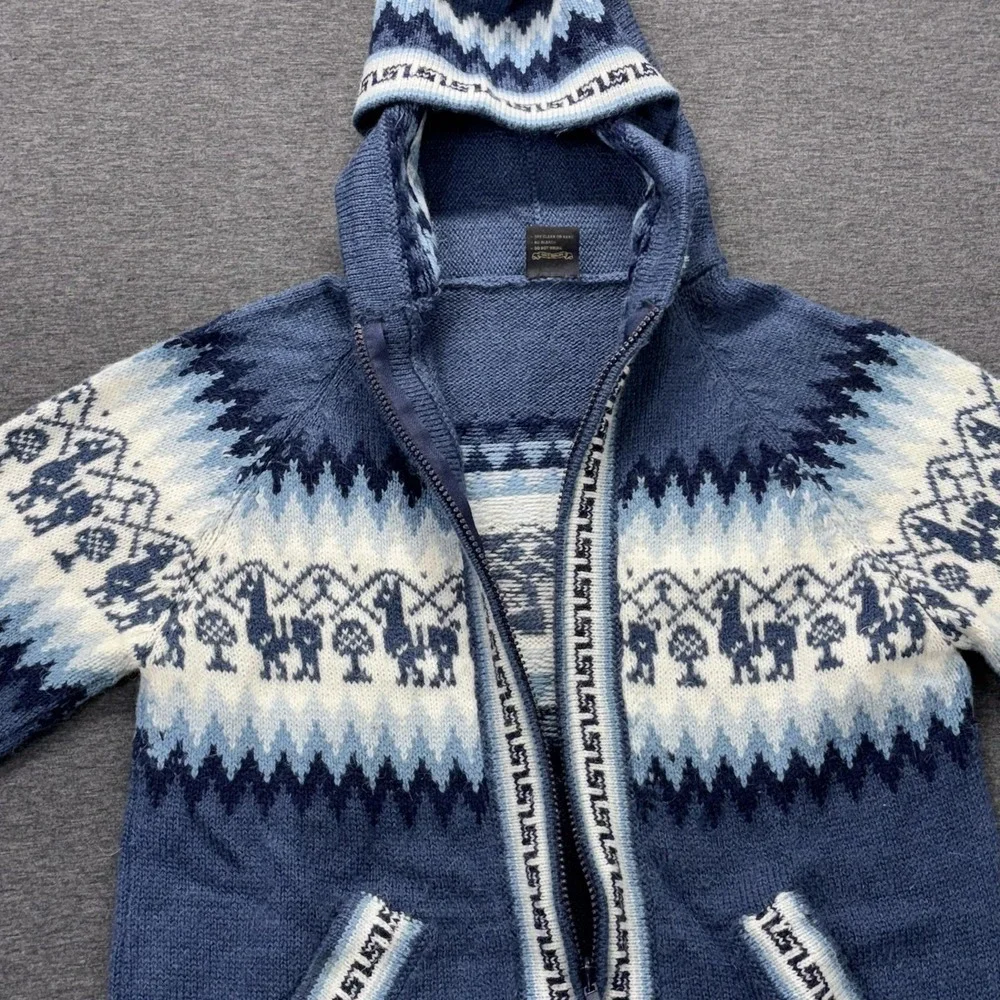 Gold Quality Sweater Womens Small Blue Alpaca Hooded Full Zip Llama Fair Isle